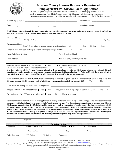Employment / Civil Service Exam Application Form - Niagara County, New York Download Pdf