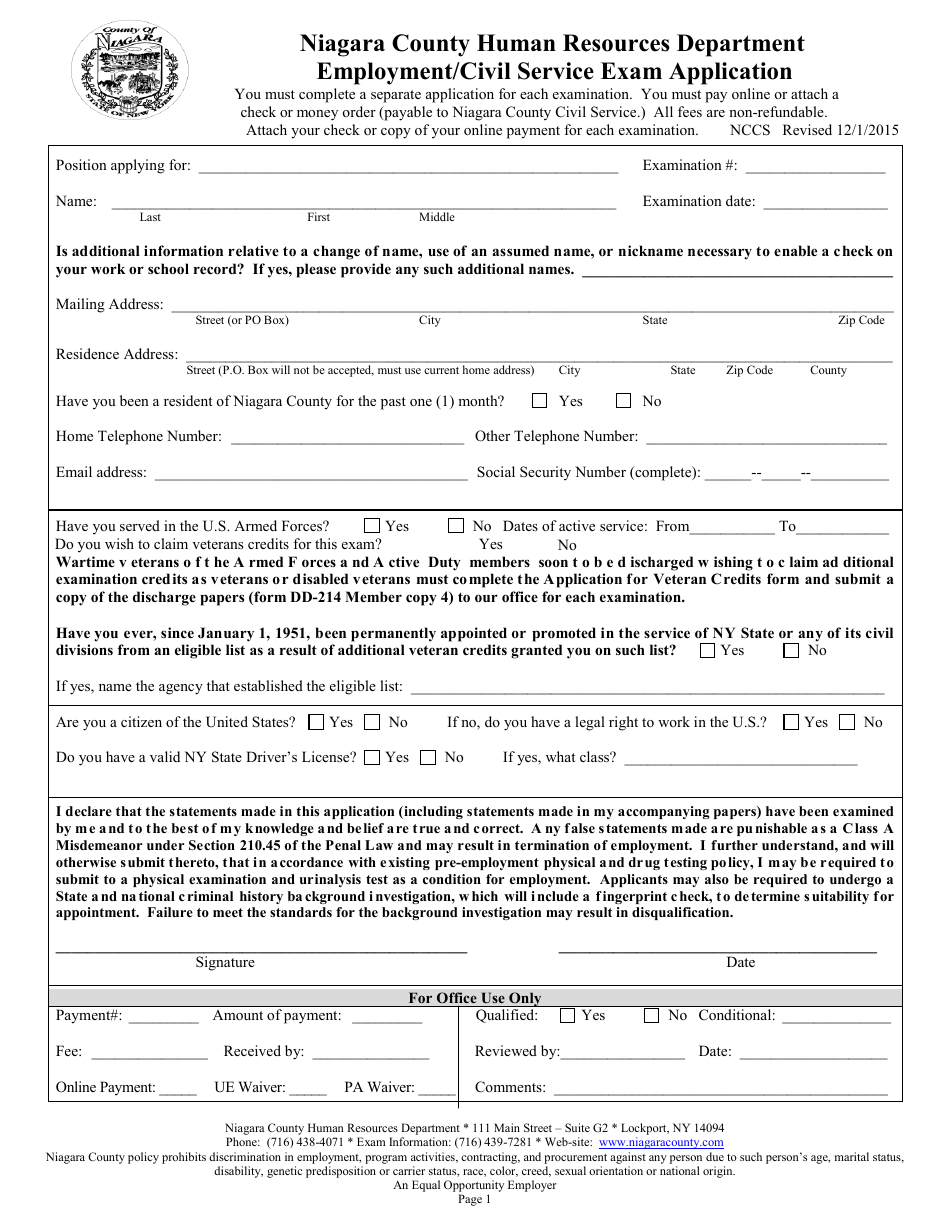 Employment / Civil Service Exam Application Form - Niagara County, New York, Page 1