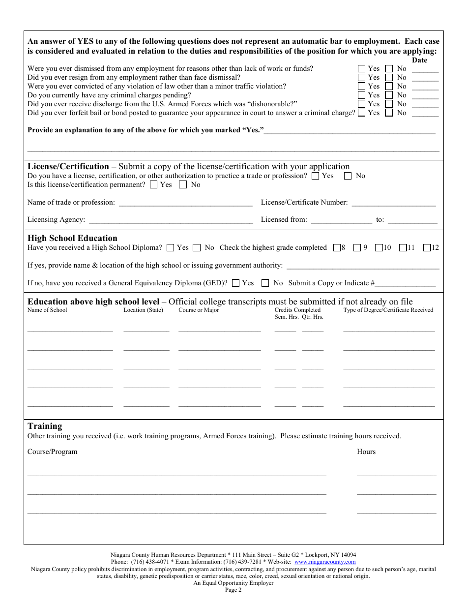 Employment / Civil Service Exam Application Form - Niagara County, New York, Page 2