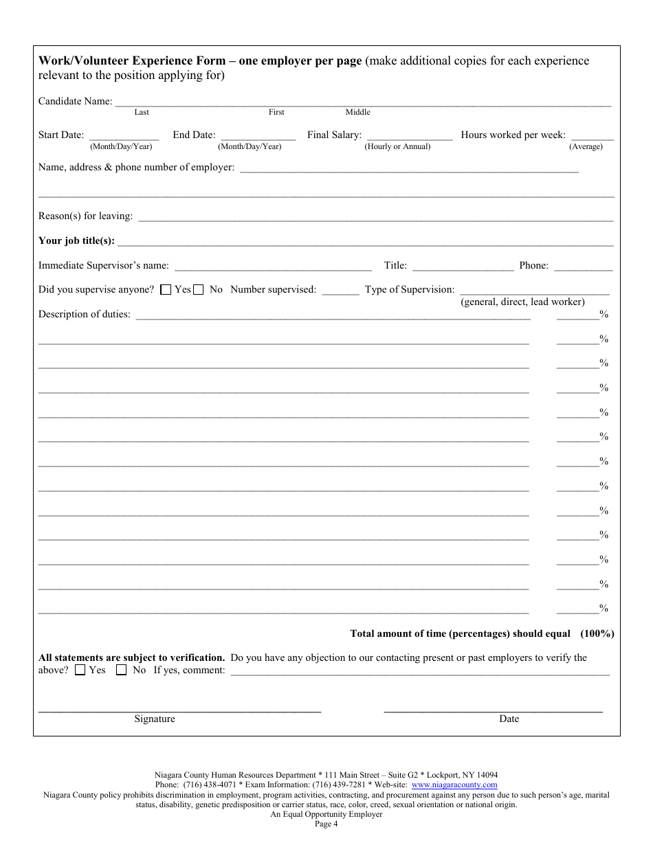 Employment / Civil Service Exam Application Form - Niagara County, New York, Page 4