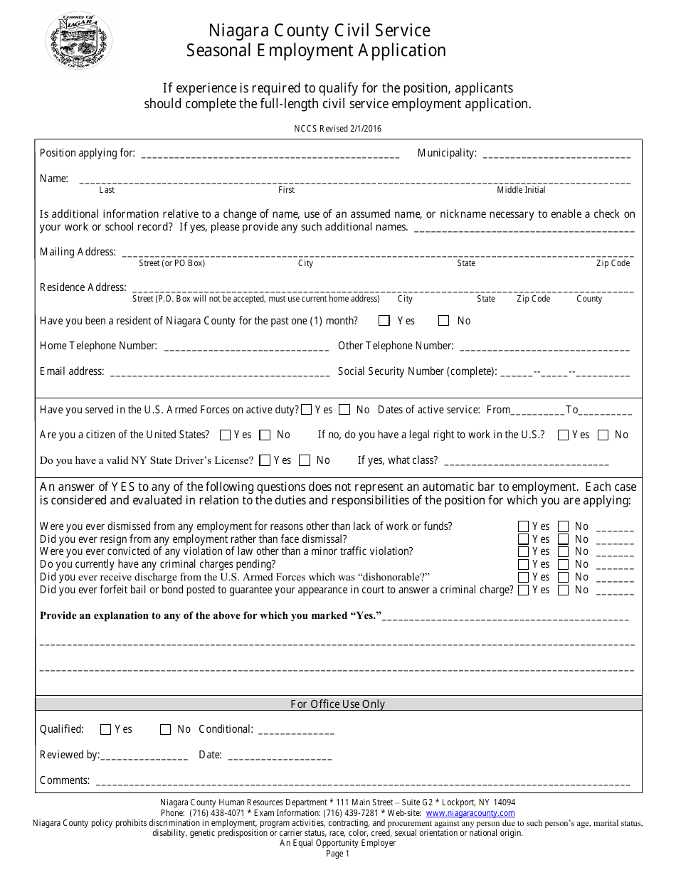 Seasonal Employment Application Form - Niagara County, New York, Page 1