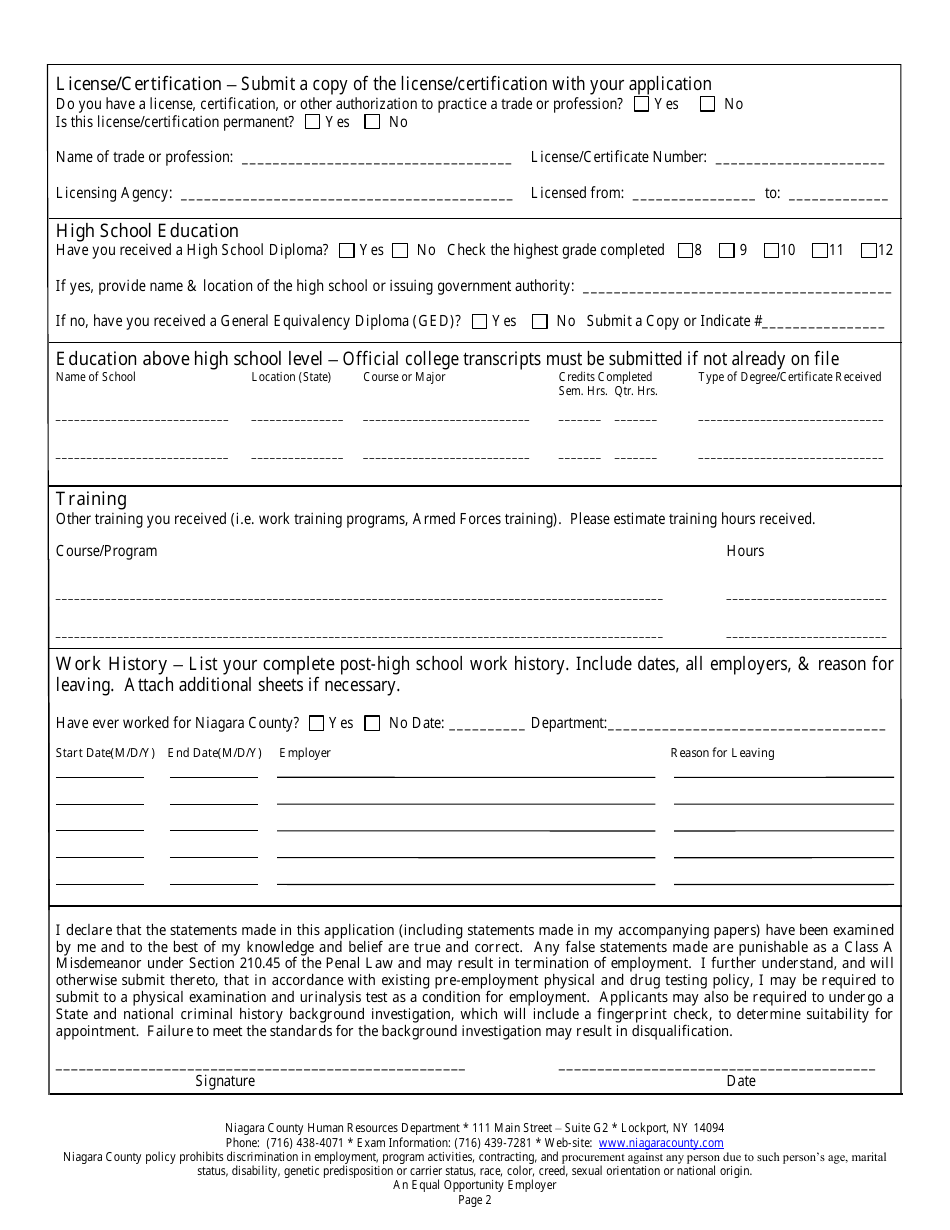 Niagara County, New York Seasonal Employment Application Form Fill