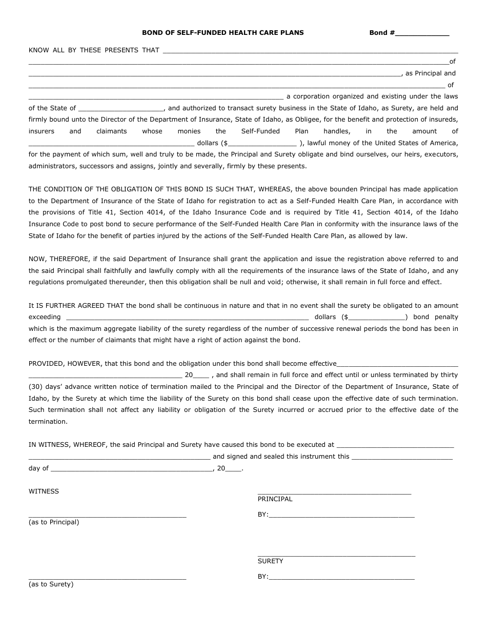 Idaho Bond of Self-funded Health Care Plans - Fill Out, Sign Online and ...