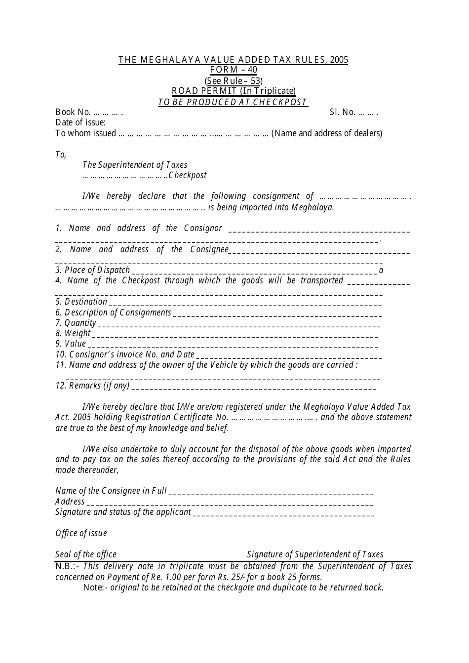Form 40 Road Permit to Be Produced at Checkpost - Meghalaya, India, Page 1