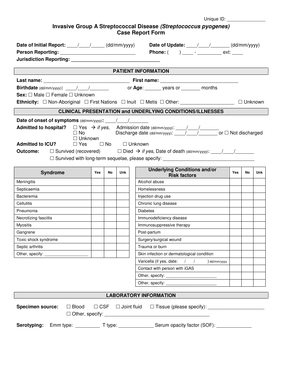 Invasive Group a Streptococcal Disease (Streptococcus Pyogenes) Case Report Form - Newfoundland and Labrador, Canada, Page 1