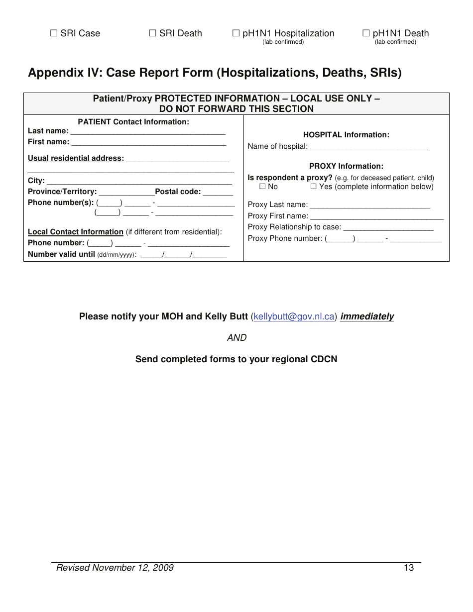 Appendix IV Case Report Form (Hospitalizations, Deaths, Sris) - Newfoundland and Labrador, Canada, Page 1