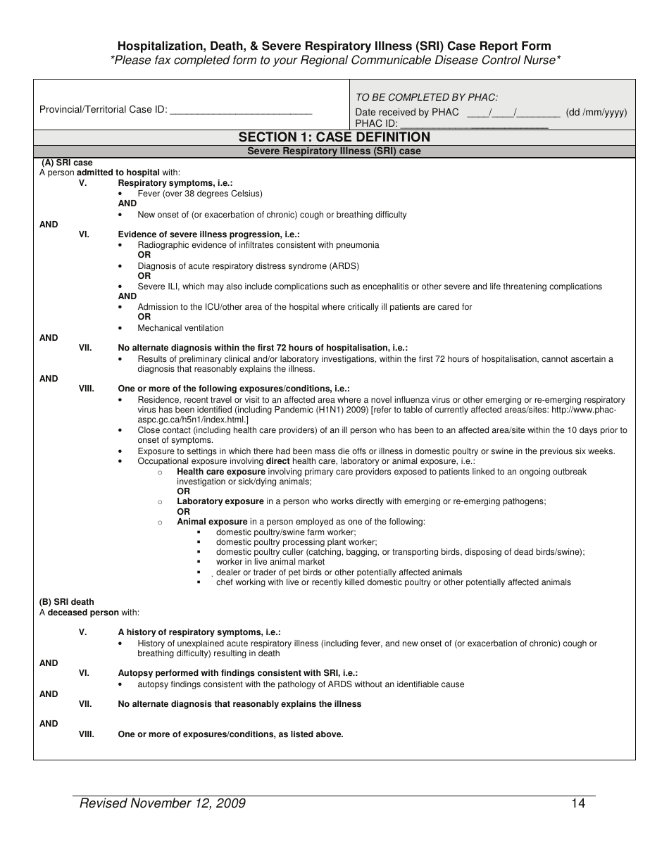 Appendix IV Case Report Form (Hospitalizations, Deaths, Sris) - Newfoundland and Labrador, Canada, Page 2