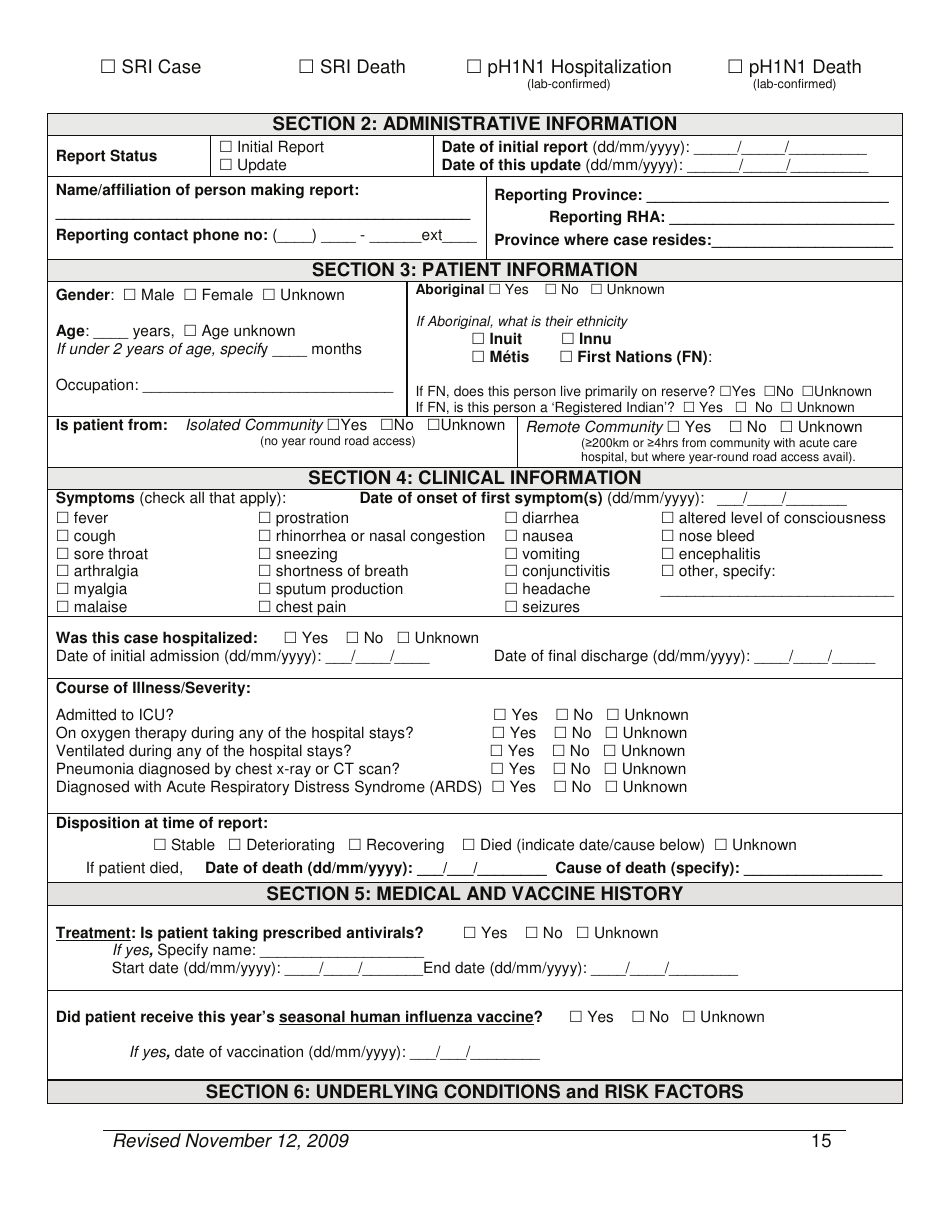 Appendix IV Case Report Form (Hospitalizations, Deaths, Sris) - Newfoundland and Labrador, Canada, Page 3
