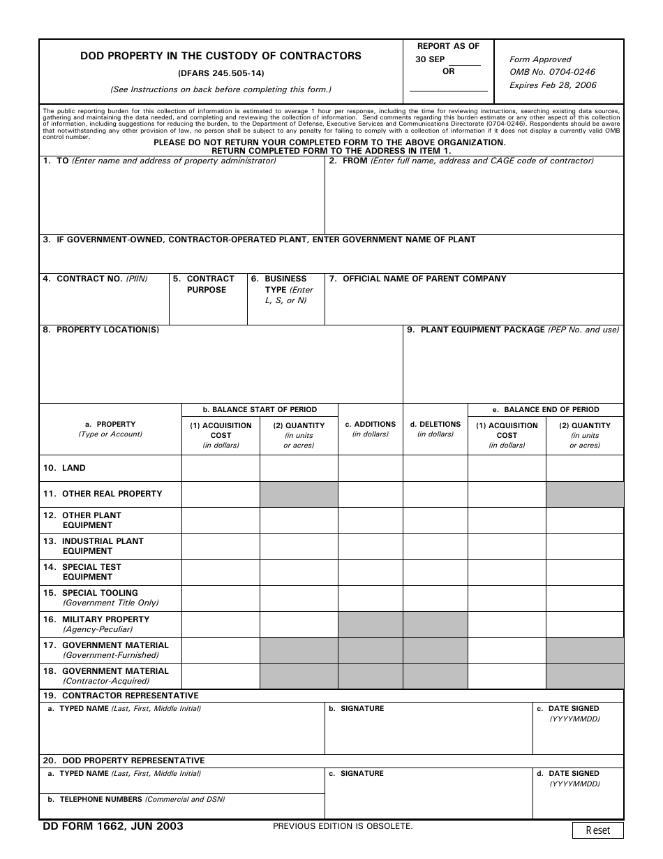 DD Form 1662 DoD Property in the Custody of Contractors, Page 1