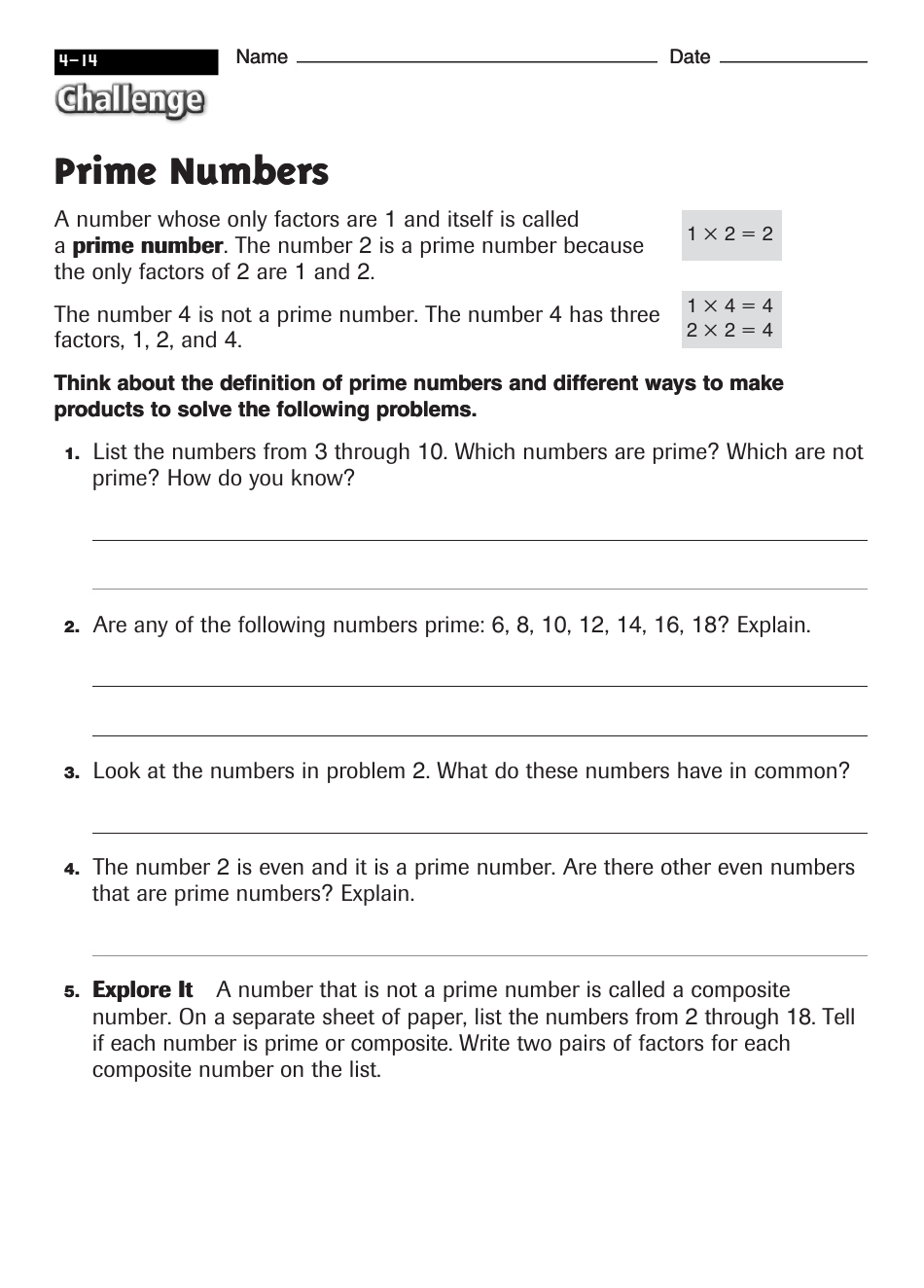 Prime Numbers Worksheet With Answers - 4-14 Challenge Preview