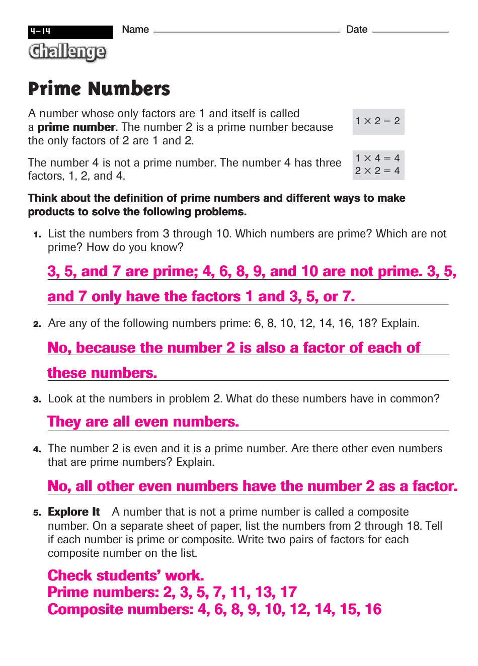 Prime Numbers Worksheet With Answers 4 14 Challenge Download Printable Pdf Templateroller