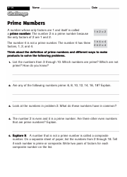 Document preview: Prime Numbers Worksheet With Answers - 4-14 Challenge