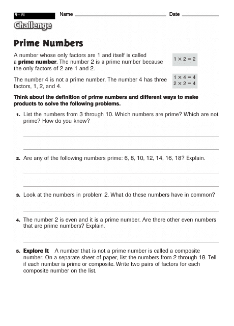 Prime Numbers Worksheet With Answers - 4-14 Challenge Preview