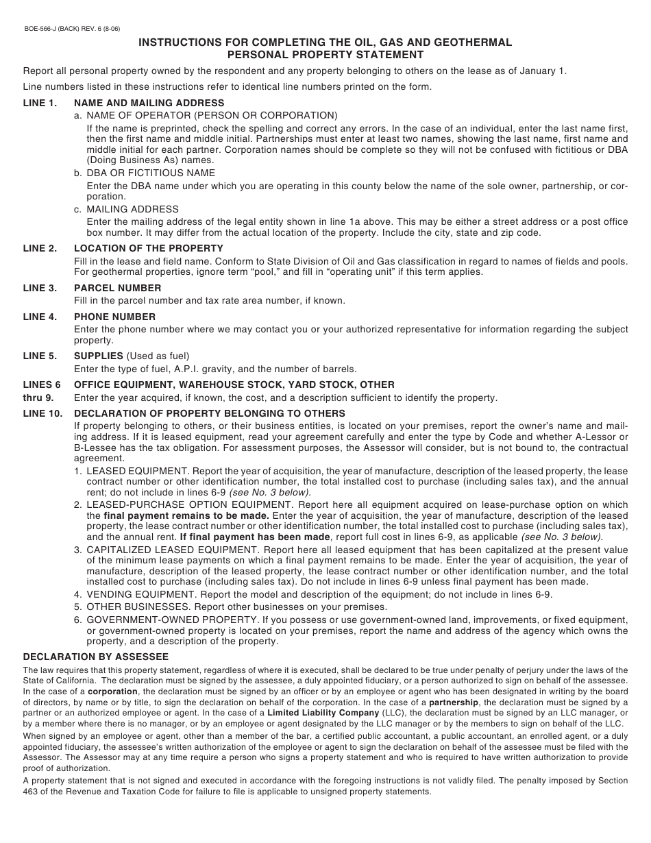 Instructions for Form BOE-566-J Oil, Gas and Geothermal Personal Property Statement - California, Page 1