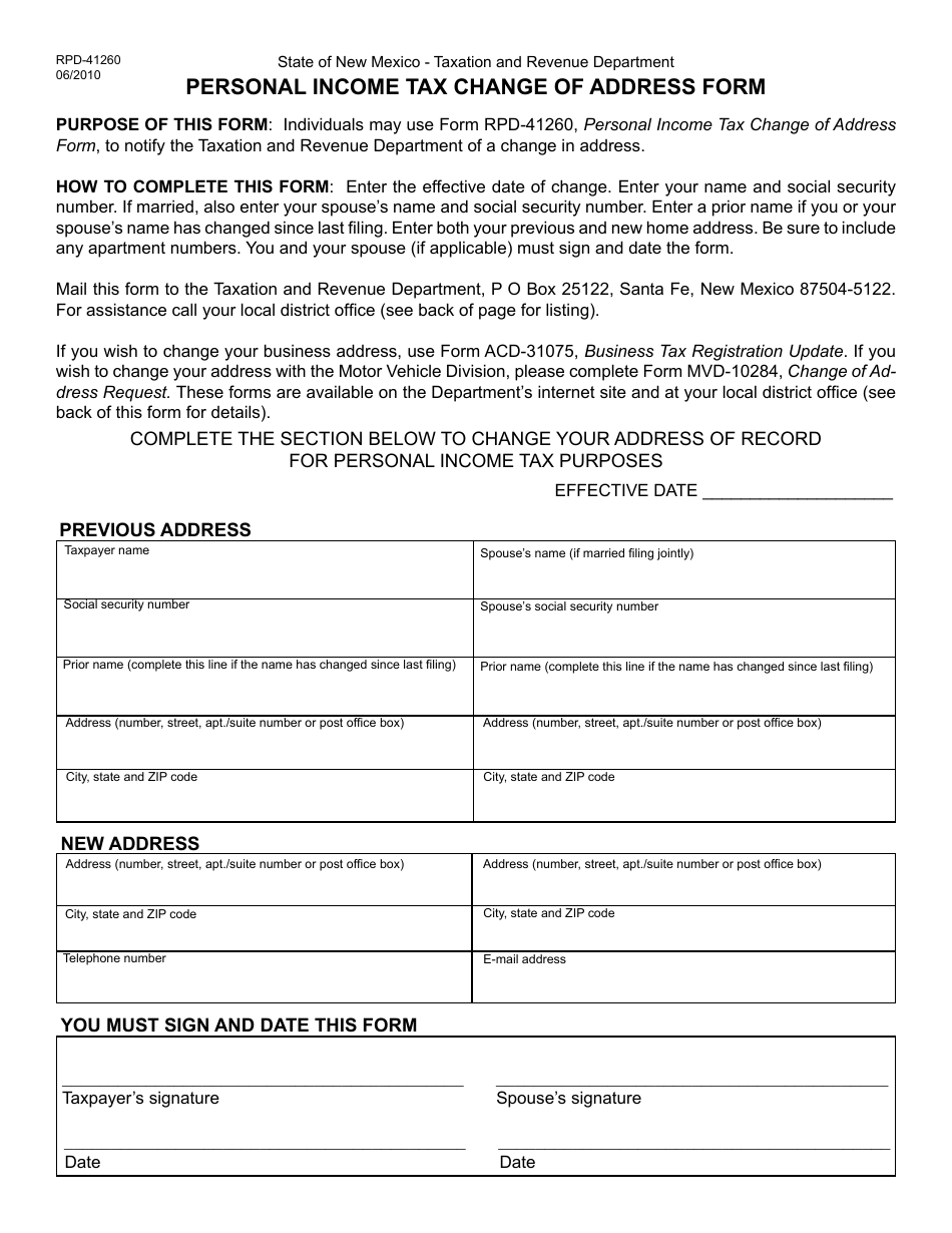 Form RPD-41260 Personal Income Tax Change of Address Form - New Mexico, Page 1