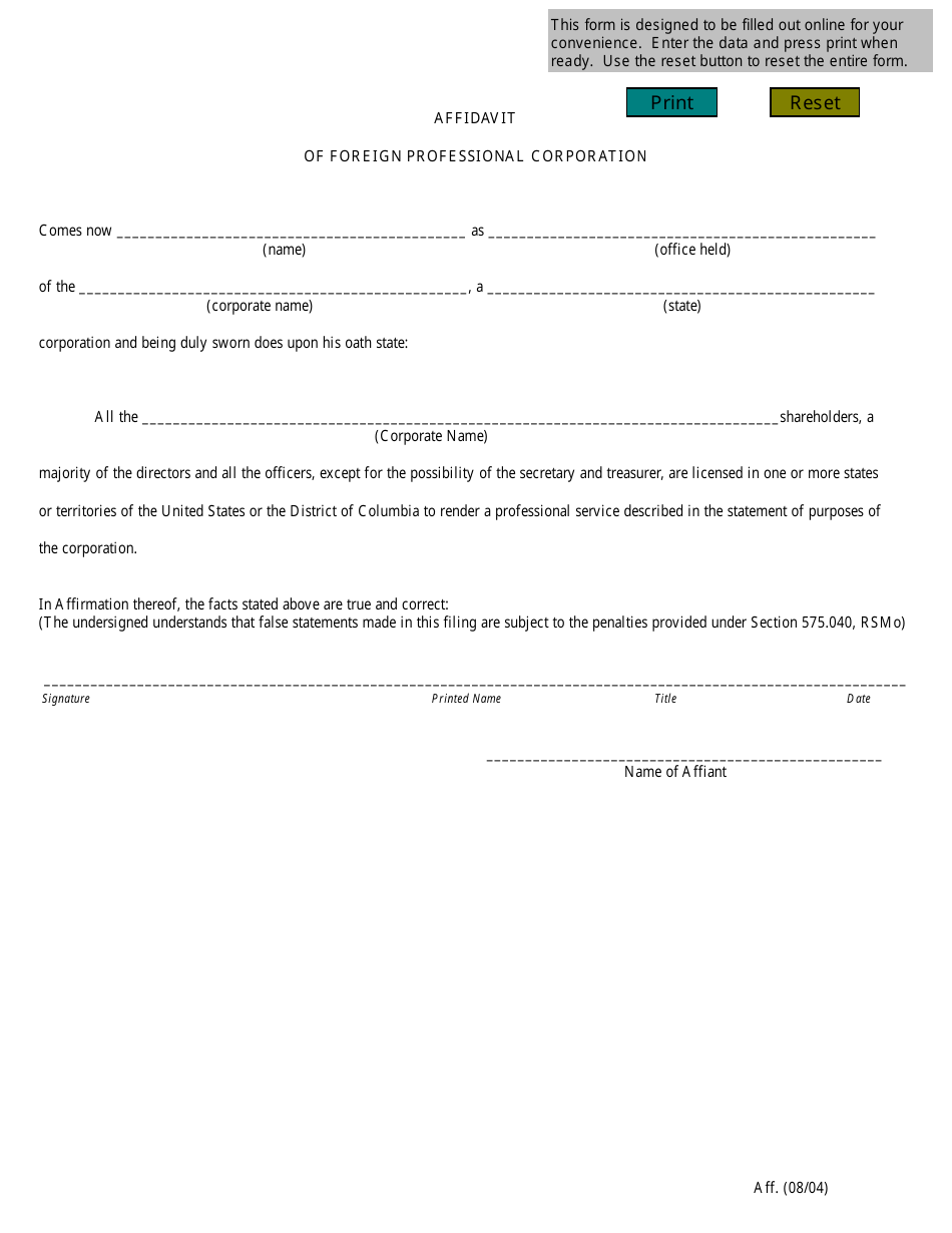 Affidavit of Foreign Professional Corporation - Missouri, Page 1