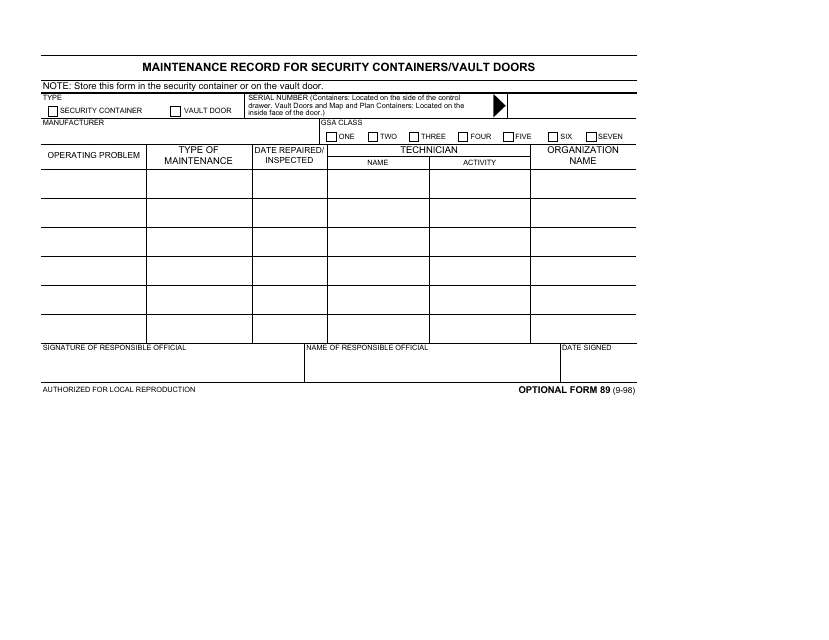 Optional Form 89 Maintenance Record for Security Containers/Vault Doors