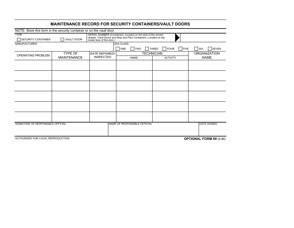 Optional Form 89 Maintenance Record for Security Containers / Vault Doors, Page 1