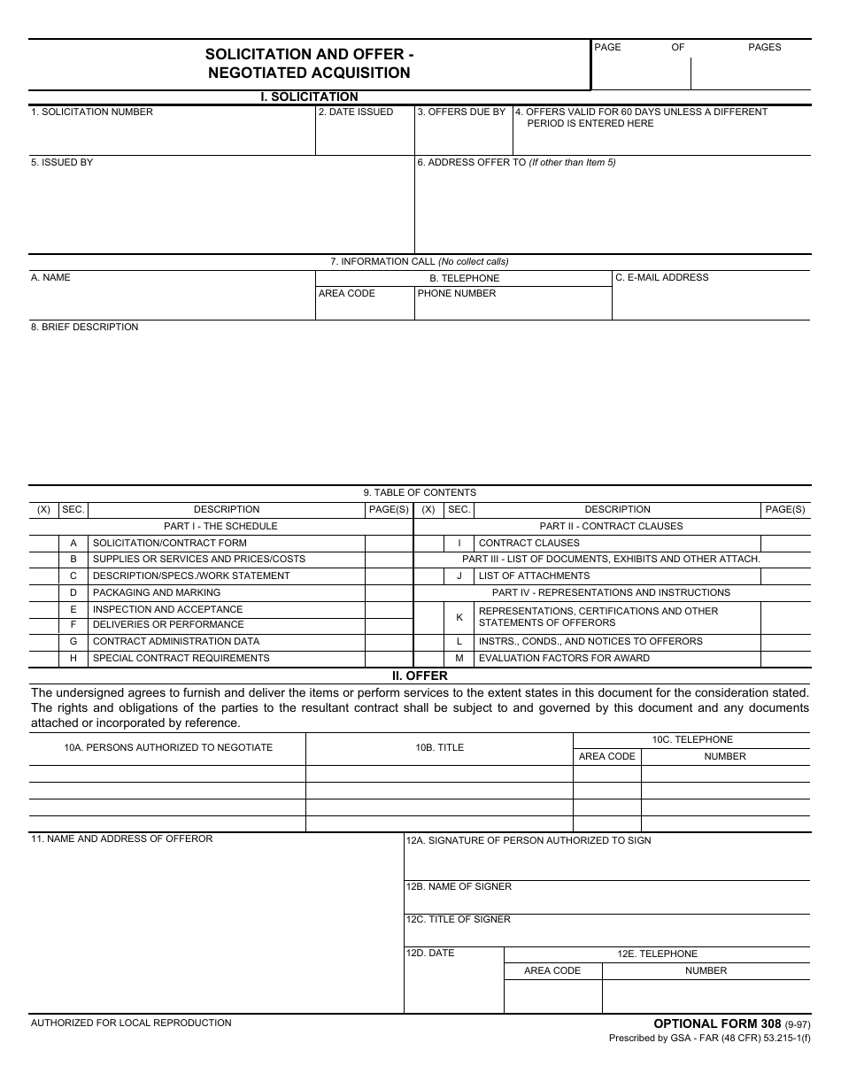Optional Form 308 Solicitation and Offer - Negotiated Acquisition, Page 1
