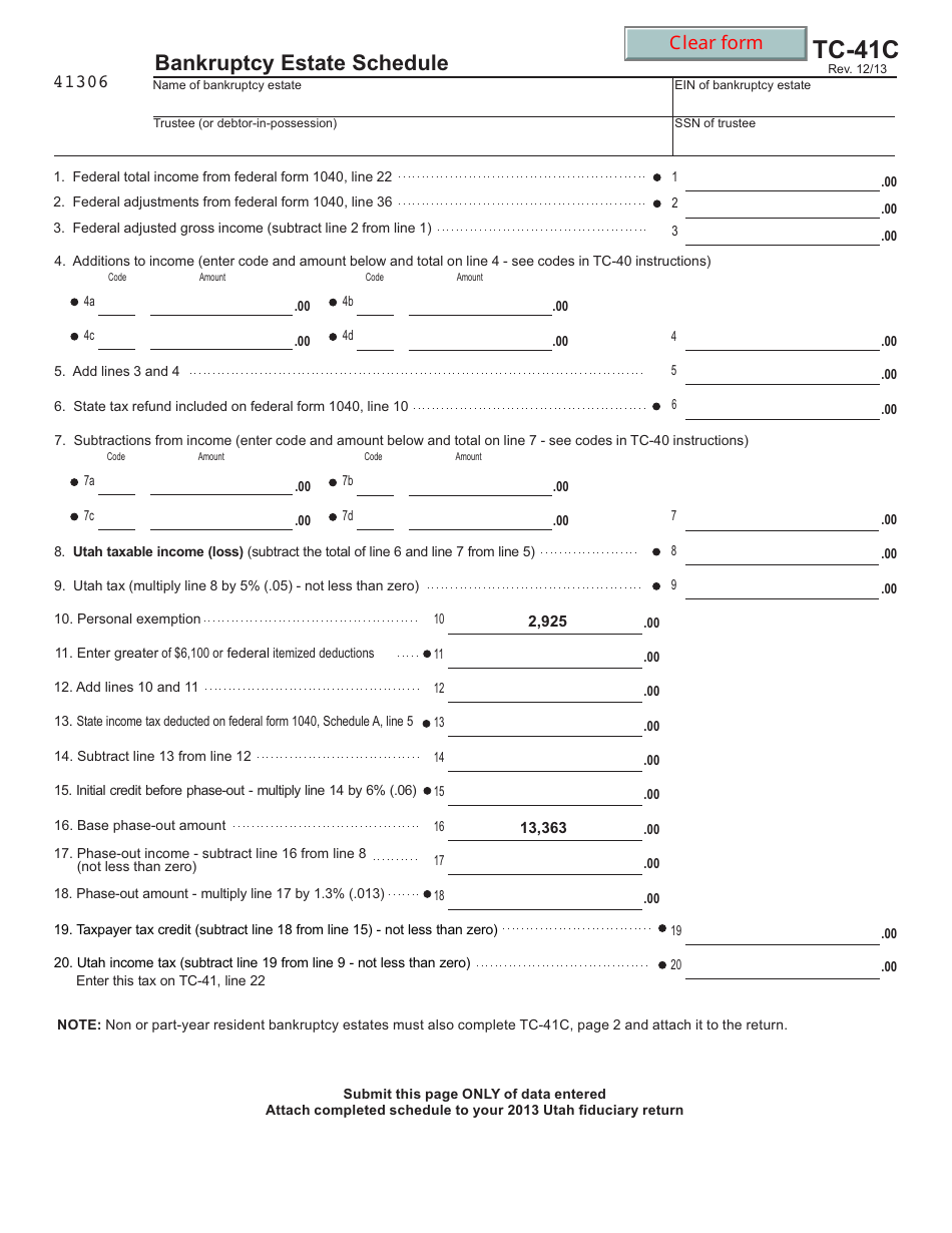 Form TC-41C Bankruptcy Estate Schedule - Utah, Page 1