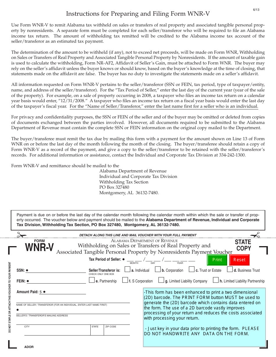 Form WNR-V Withholding on Sales or Transfers of Real Property and Associated Tangible Personal Property by Nonresidents Payment Voucher - Alabama, Page 1
