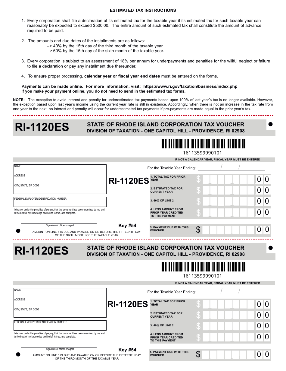 Form RI-1020ES State of Rhode Island Corporation Tax Voucher - Rhode Island, Page 1