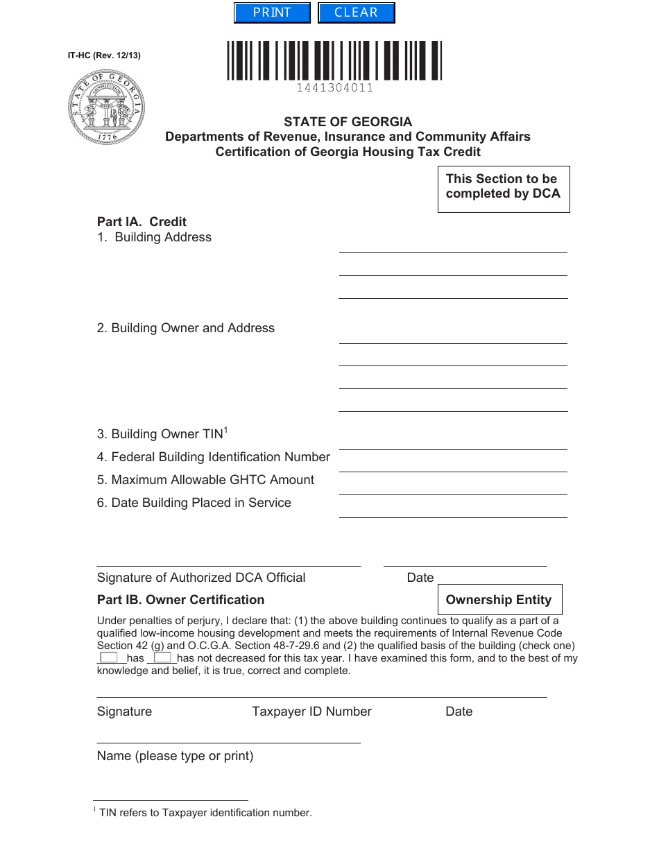 Form IT-HC Certification of Georgia Housing Tax Credit - Georgia (United States), Page 1
