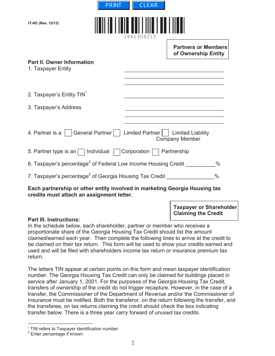 Form IT-HC Certification of Georgia Housing Tax Credit - Georgia (United States), Page 2