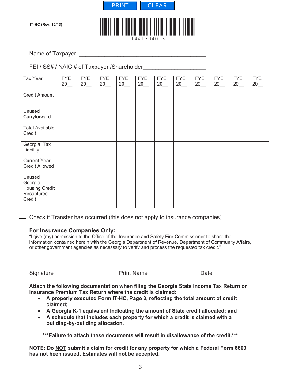 Form IT-HC Certification of Georgia Housing Tax Credit - Georgia (United States), Page 3