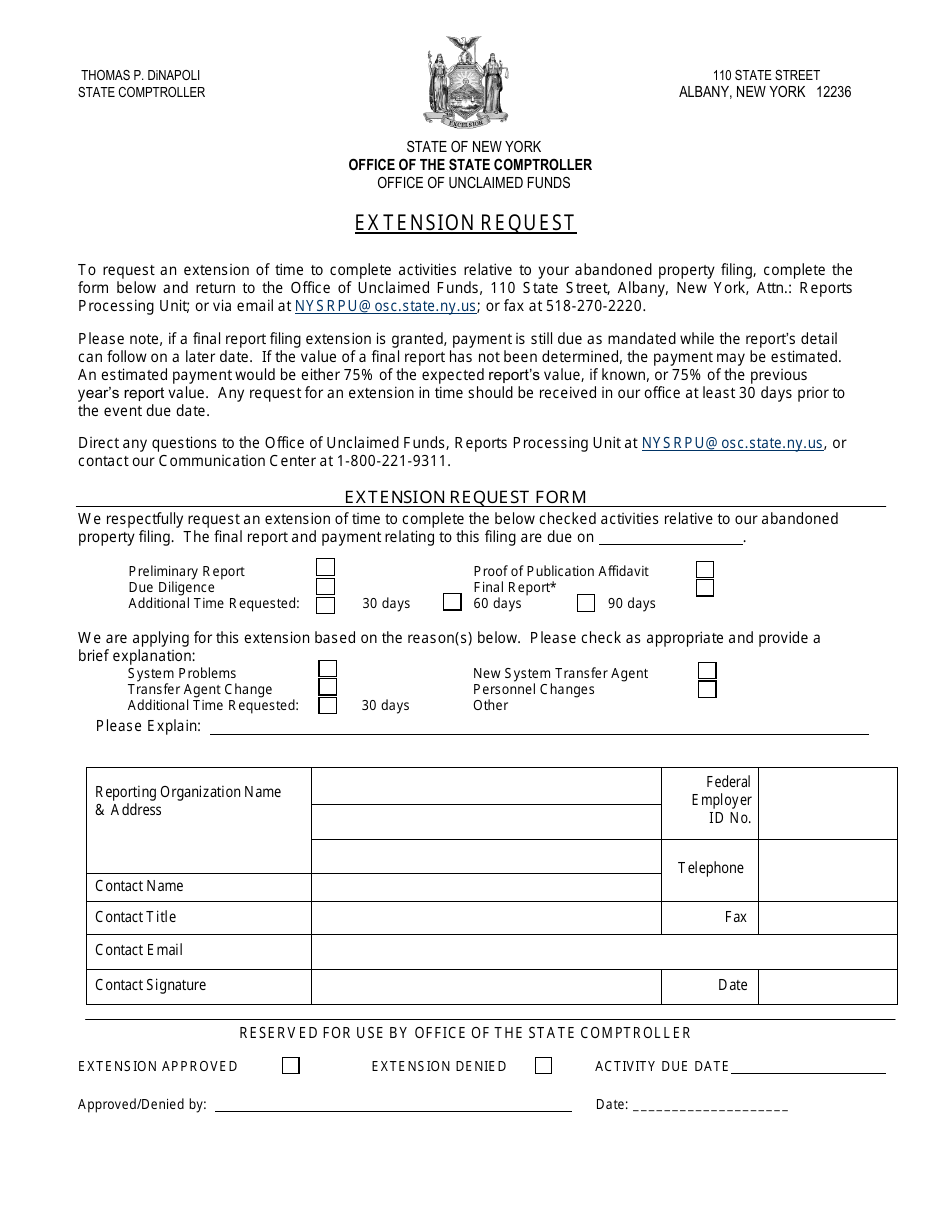 Extension Request Form - New York, Page 1