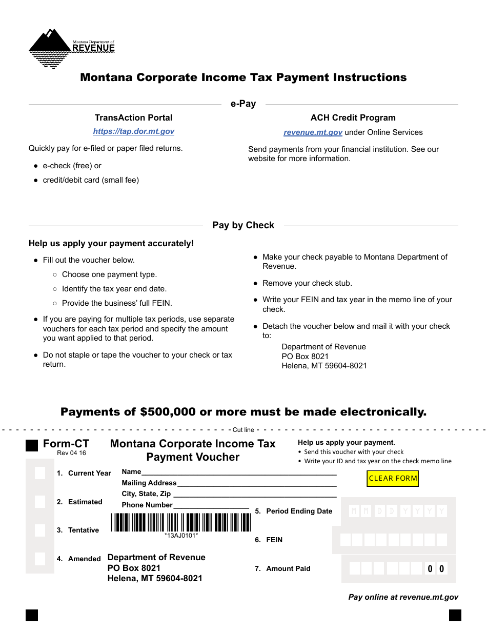 Form CT Montana Corporate Income Tax Payment Voucher - Montana, Page 1