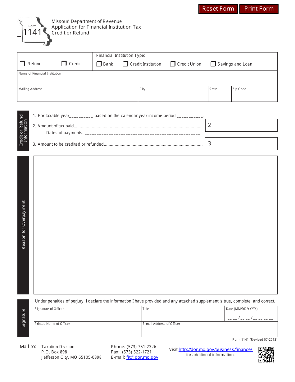Form 1141 Application for Financial Institution Tax Credit or Refund - Missouri, Page 1