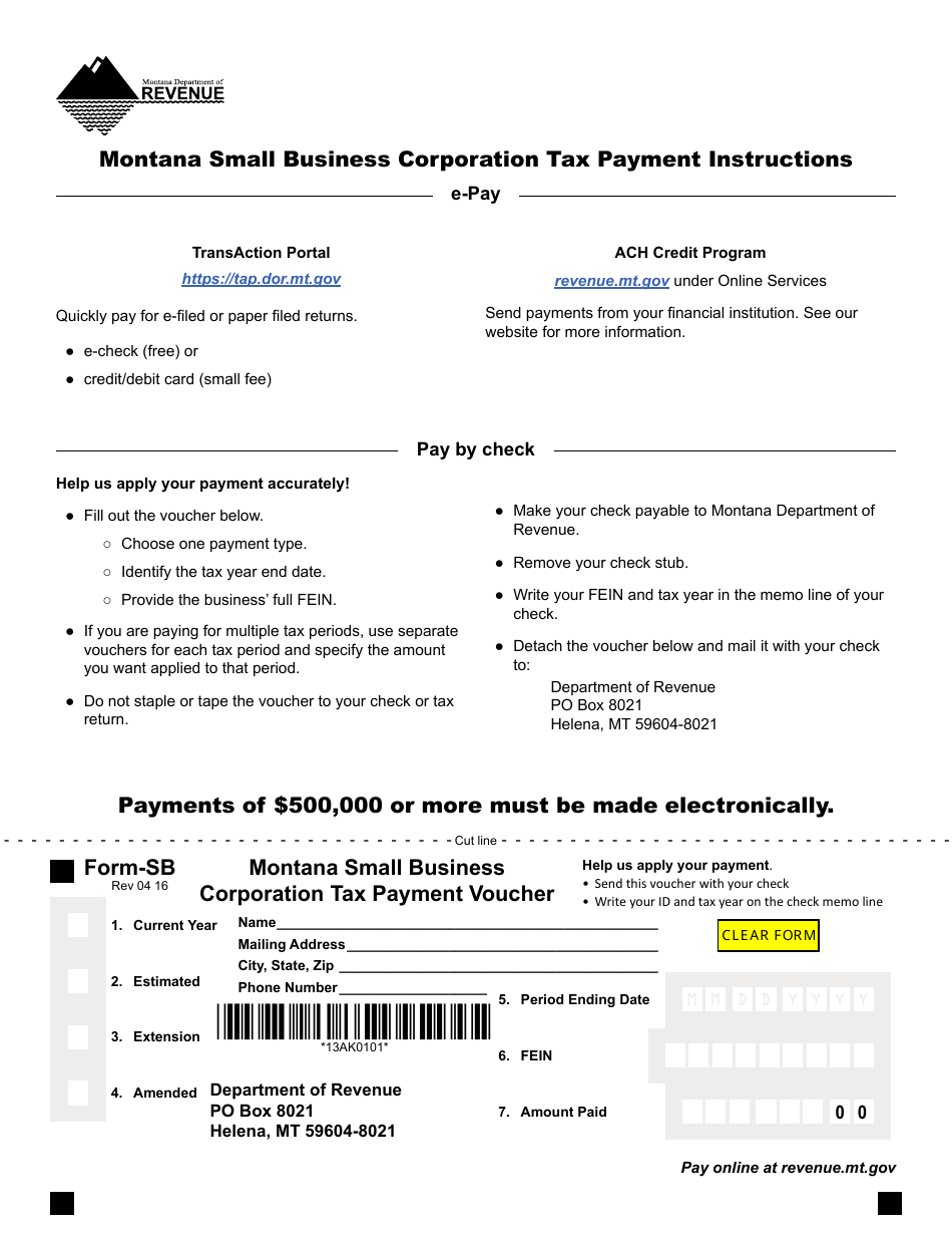 Form SB Montana Small Business Corporation Tax Payment Voucher - Montana, Page 1
