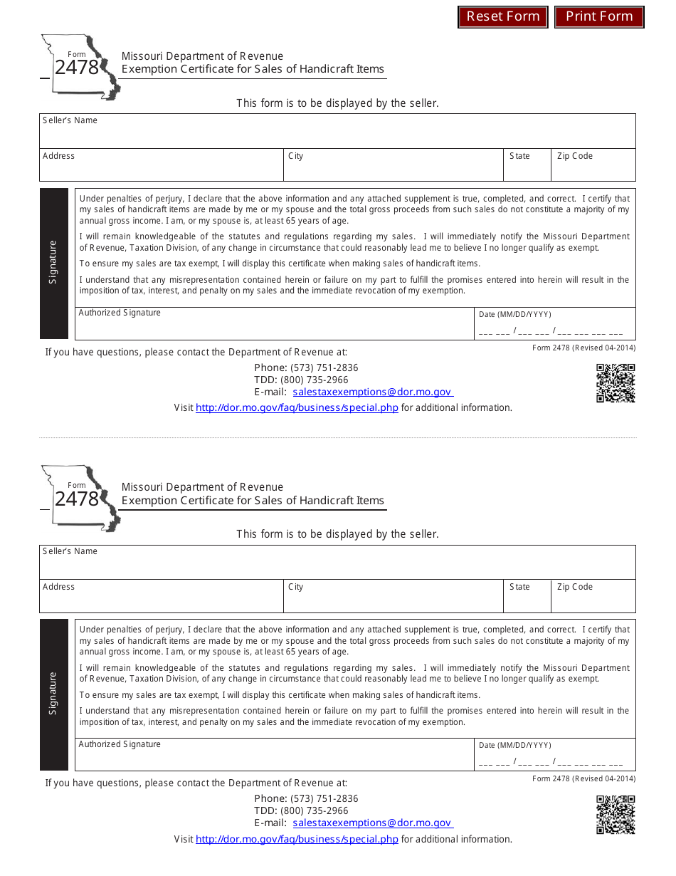 Form 2478 Exemption Certificate for Sales of Handicraft Items - Missouri, Page 1