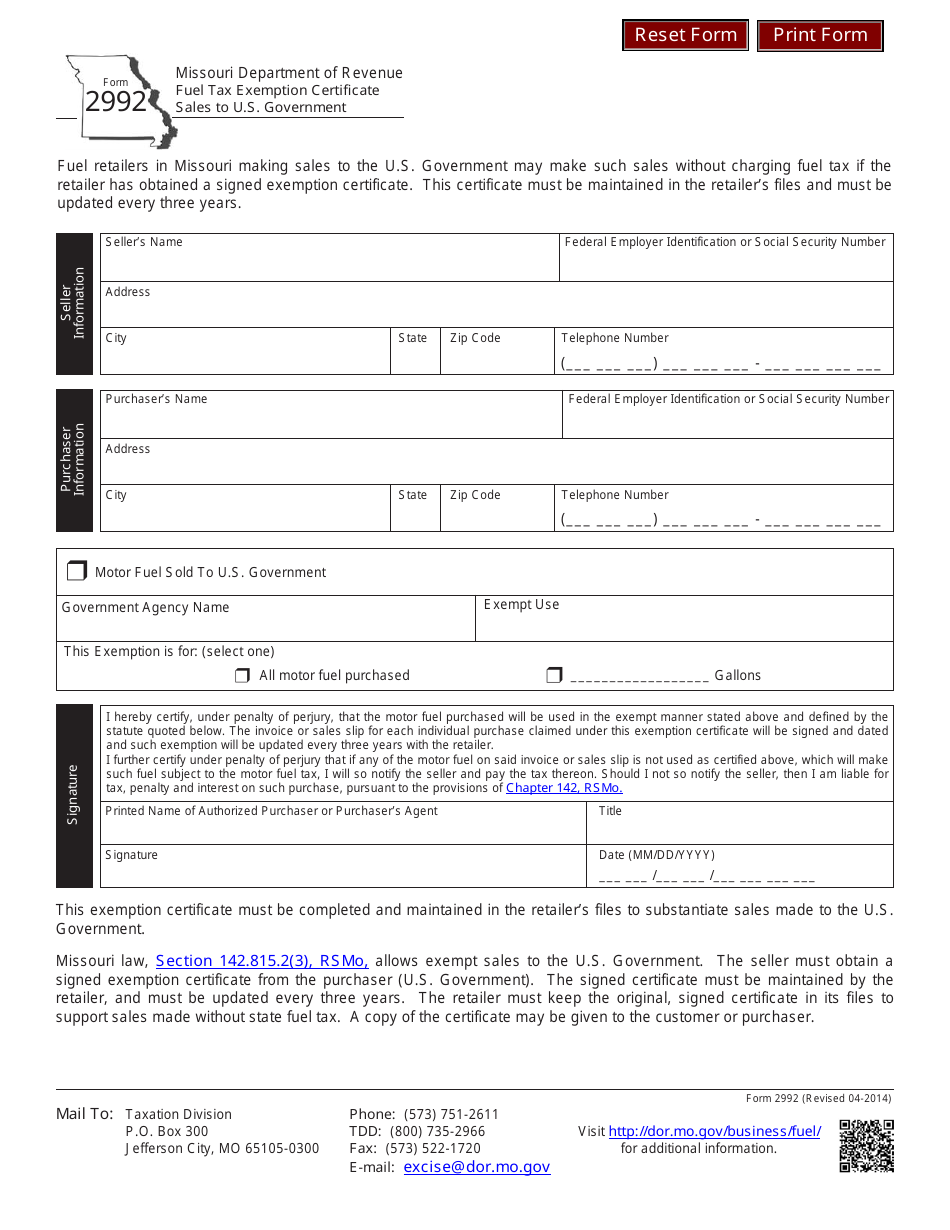 Form 2992 Fuel Tax Exemption Certificate - Sales to U.S. Government - Missouri, Page 1