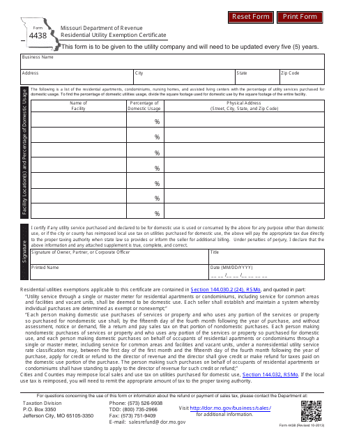 Form 4438 Residential Utility Exemption Certificate - Missouri