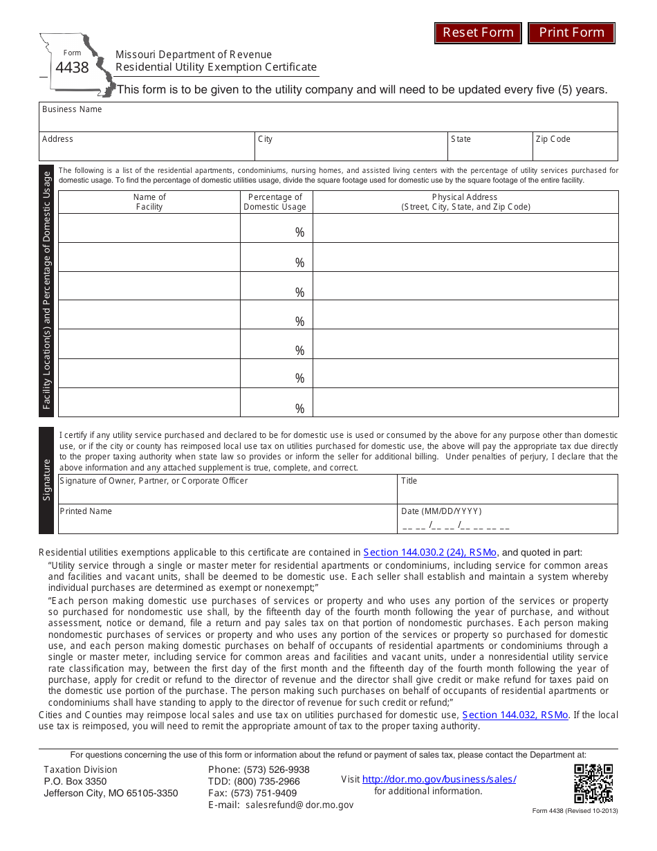 Form 4438 Residential Utility Exemption Certificate - Missouri, Page 1