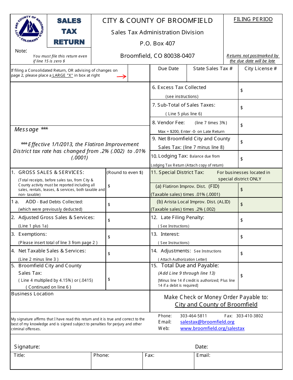 City and County of Broomfield, Colorado Sales Tax Return Form Fill