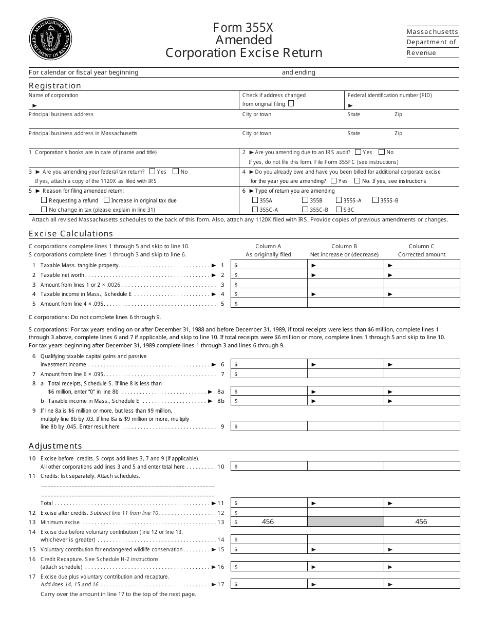 Form 355X Amended Corporation Excise Return - Massachusetts, Page 1