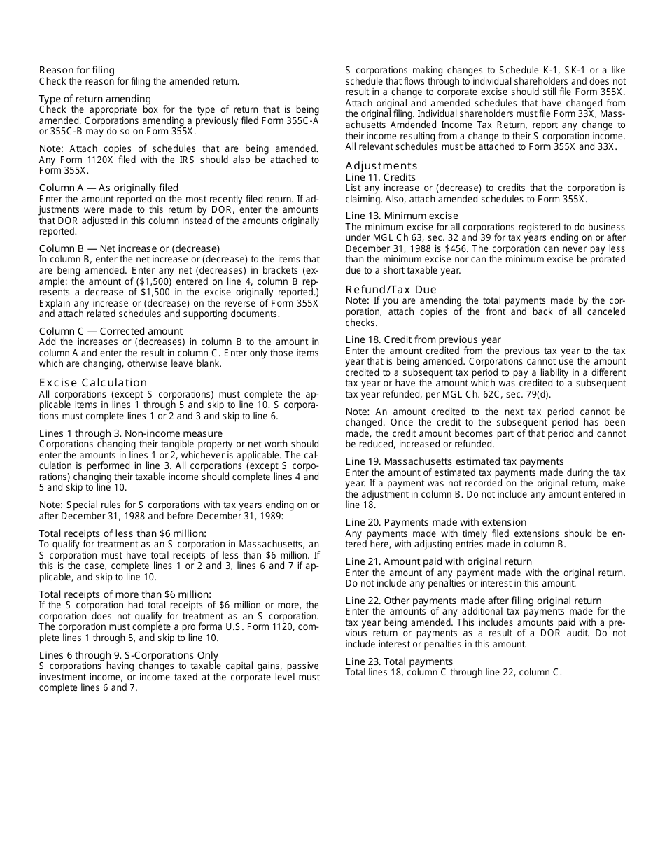 Form 355X Amended Corporation Excise Return - Massachusetts, Page 3