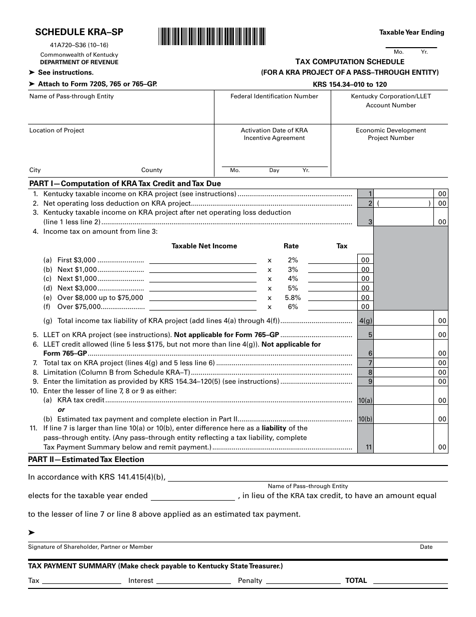 Form 41A720-S36 Schedule KRA-SP Tax Computation Schedule (For a Kra Project of a Pass-Through Entity) - Kentucky, Page 1