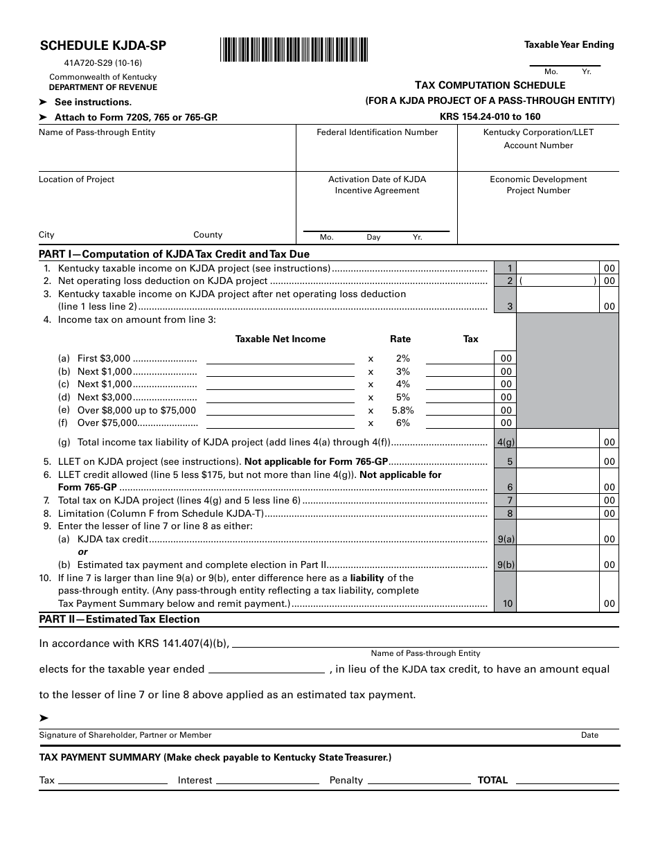 Form 41A720-S29 Schedule KJDA-SP Tax Computation Schedule Form (For a Kjda Project of a Pass-Through Entity) - Kentucky, Page 1