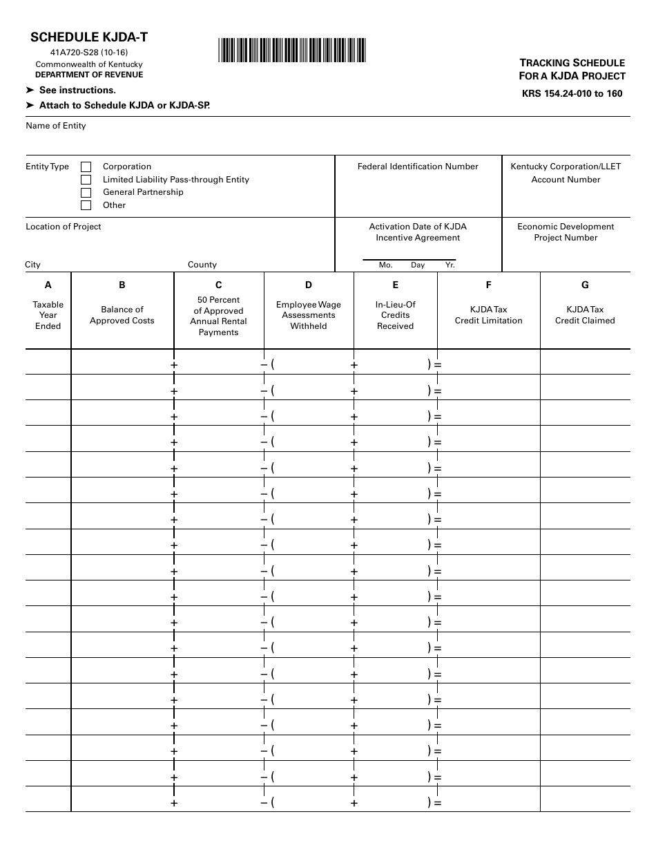 Form 41A720-S28 Schedule KJDA-T Tracking Schedule for a Kjda Project - Kentucky, Page 1