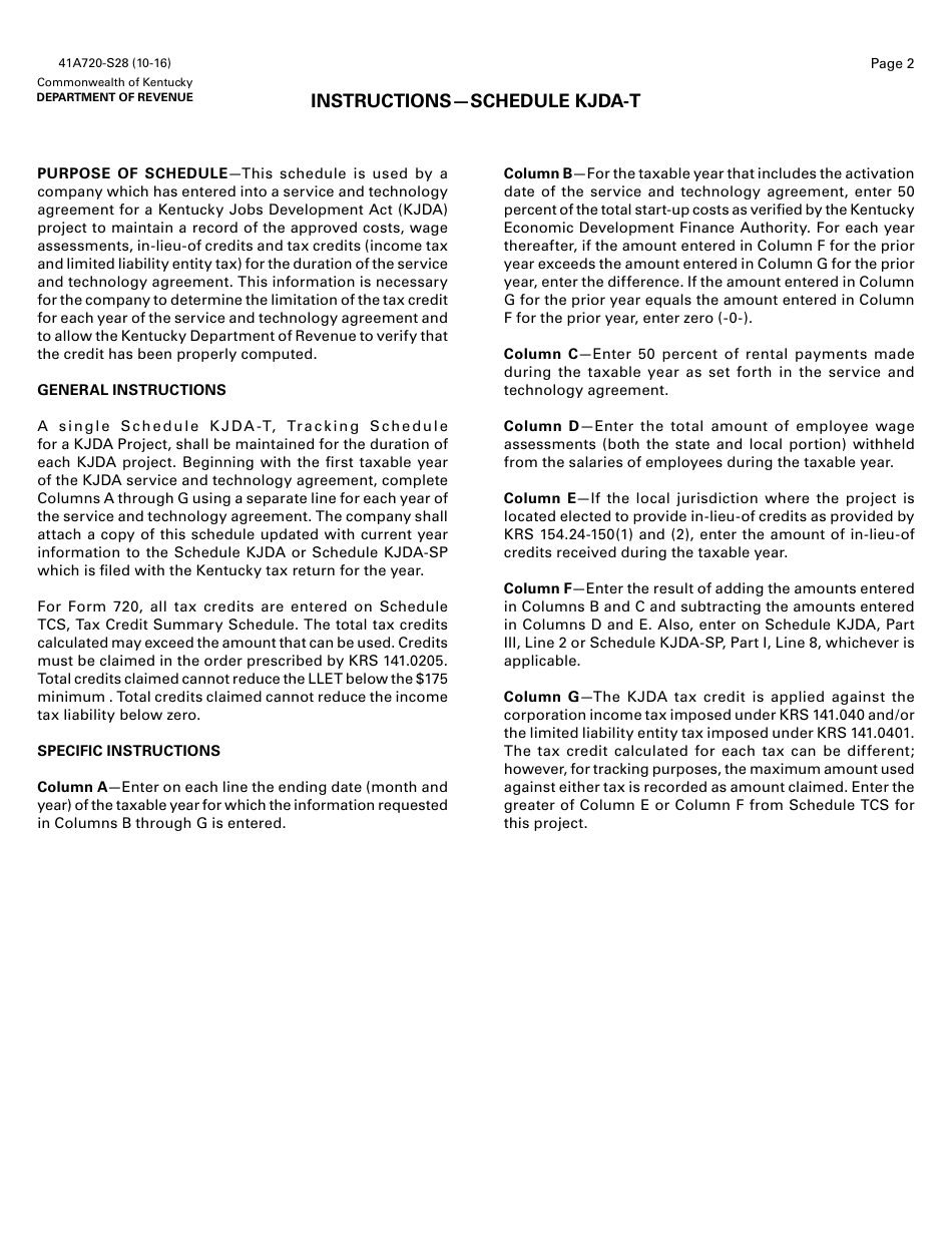 Form 41A720-S28 Schedule KJDA-T Tracking Schedule for a Kjda Project - Kentucky, Page 2