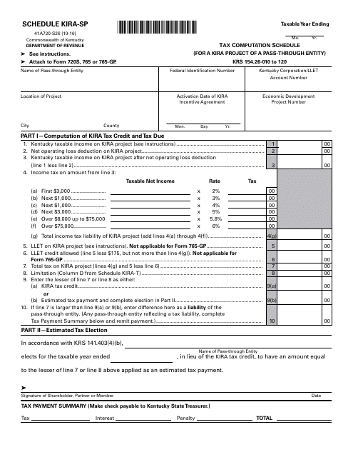 Form 41A720-S26 Schedule KIRA-SP Tax Computation Schedule (For a Kira Project of a Pass-Through Entity) - Kentucky