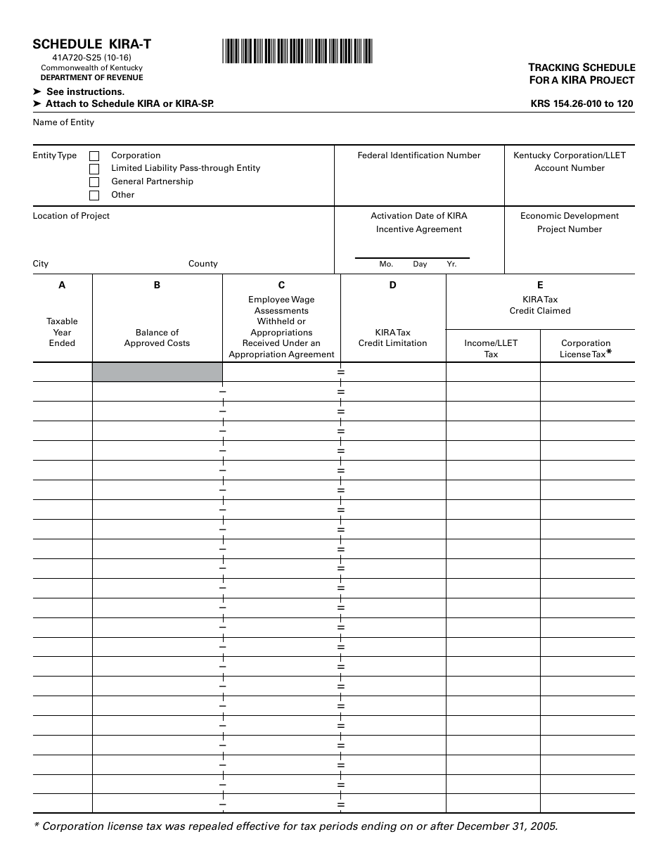Form 41A720-S25 Schedule KIRA-T Tracking Schedule for a Kira Project - Kentucky, Page 1