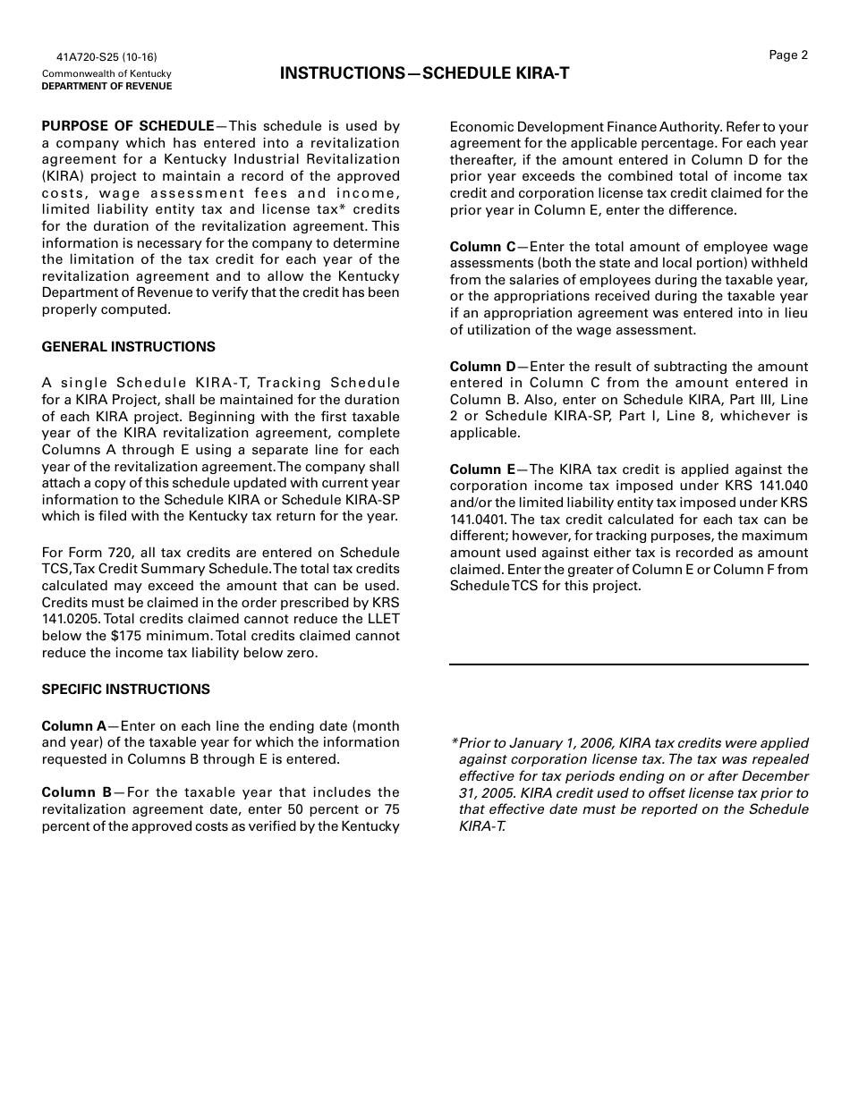 Form 41A720-S25 Schedule KIRA-T Tracking Schedule for a Kira Project - Kentucky, Page 2