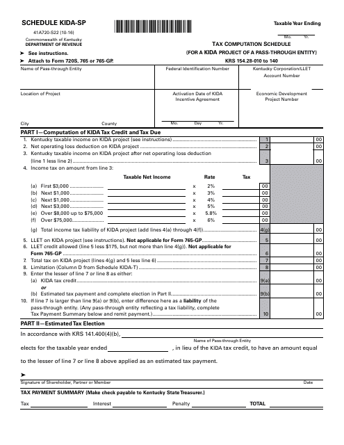 Form 41A720-S22 Schedule KIDA-SP  Printable Pdf