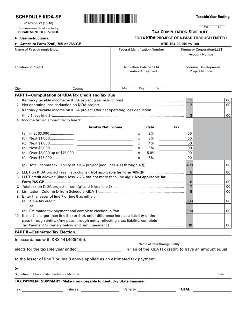 Form 41A720-S22 Schedule KIDA-SP Tax Computation Schedule (For a Kida Project of a Pass-Through Entity) - Kentucky, Page 1