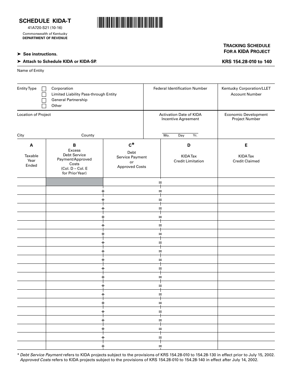 Form 41A720-S21 Schedule KIDA-T Tracking Schedule for a Kida Project - Kentucky, Page 1